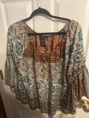 Ali Miles Boho Printed Fringe-Hem Peasant Top in Multicolor 1x